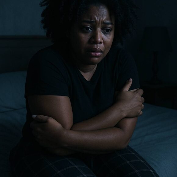 Woman scared hugging herself